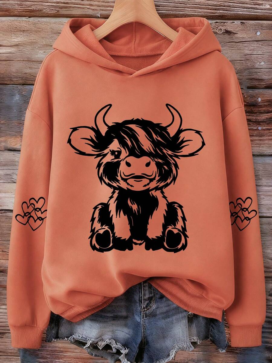 INAWLY Women Spring And Autumn Cartoon Cow Print Drop Shoulder Long Sleeve Hooded Loose Casual Sweatshirt,Long Sleeve Tops Graduation,Back To School Outfits,Graduation,Teacher Outfits For Women,Back To School Pullover Fall Outfit - Rust Brown - View 1