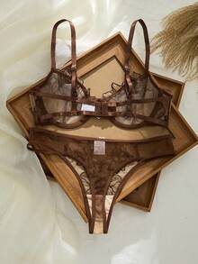 2pcs Women's Adjustable Strap Bra Set With Heart-Shaped Underwire Boobless Lingerie Set Butterfly Lingerie Set Custom Lingerie Set Brown Lingerie Brown Lace Bra - Coffee Brown - View 2