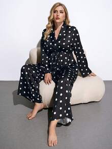 Maija 大码女式波尔卡圆点印花长袖上衣和阔腿裤休闲两件套 - 黑與白 - 查看 1