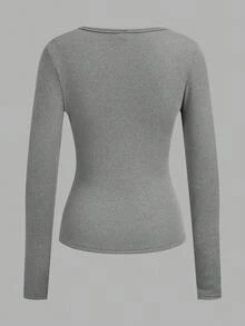 SHEIN EZwear 3 件套女士深 V 领修身休闲长款基本款保暖内衬长袖 T 恤套装，适合秋冬季 - 彩色 - 查看 6