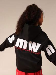 SUMWON Girls Hooded Sweatshirt With Centre Pocket Letter Print Casual Pullover - Black - View 1