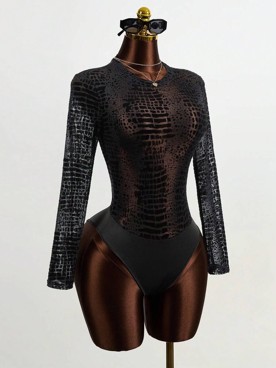 Mistrie Bộ đồ liền thân lưới chấm bi da rắn (không bao gồm đồ lót), trang phục gợi cảm cho tiệc năm mới - màu đen - Xem 1