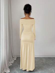 Elenzga 女式复古优雅露肩修身长袖针织连衣裙，秋冬装，万圣节 - 杏色 - 查看 2