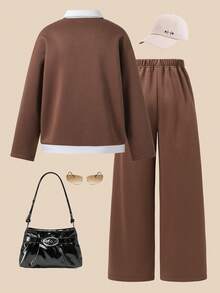 Casuvi Kids SHEIN KIDS 2pcs/Set Teenage Girls Fashion Casual Long Sleeve V-Neck Sweatshirt With Letter Print Design And Loose Fit Side Pocket Straight Leg Pants, Suitable For Christmas, Halloween, Autumn/Winter - Coffee Brown - View 2