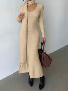 Elenzga 优雅浅杏色V领简约舒适复古风针织连衣裙配流苏围巾，适合秋冬通勤户外穿着 - 杏色 - 查看 3