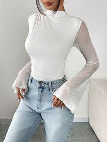 Airlisse 女式金属闪光网眼褶皱喇叭袖紧身衣 - 白色 - 查看 5