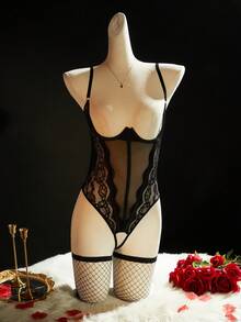 SpicyHot Women's Lace Contrast Mesh Backless Sexy Bodysuit