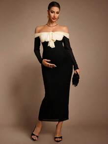 MaterniChic Vestido de maternidad elegante para fiesta con bloques de color y hombros descubiertos