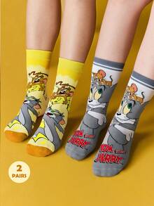 TOM & JERRY X SHEIN 2双柔软透气吸湿休闲中筒袜，猫咪图案，时尚可爱，黄灰色船袜，加固趾部和后跟，经久耐穿，男女通用，四季皆宜，夏季冬季百搭，图案袜子 - 彩色 - 查看 2