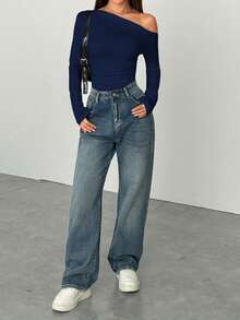 SHEIN Unity 秋季女士黑色斜肩褶饰腰部修身长袖休闲紧身衣 - 藏蓝色 - 查看 3