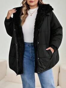 SHEIN CURVE+ Áo khoác đệm cỡ lớn dành cho nữ có cổ lông nhân tạo có thể tháo rời, màu đen - màu đen - Xem 7