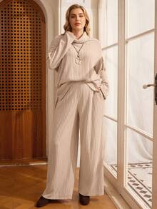 EMERY ROSE Bộ 2 món áo dài tay trơn màu cỡ lớn và quần dài, mùa thu - Màu Khaki - Xem 6