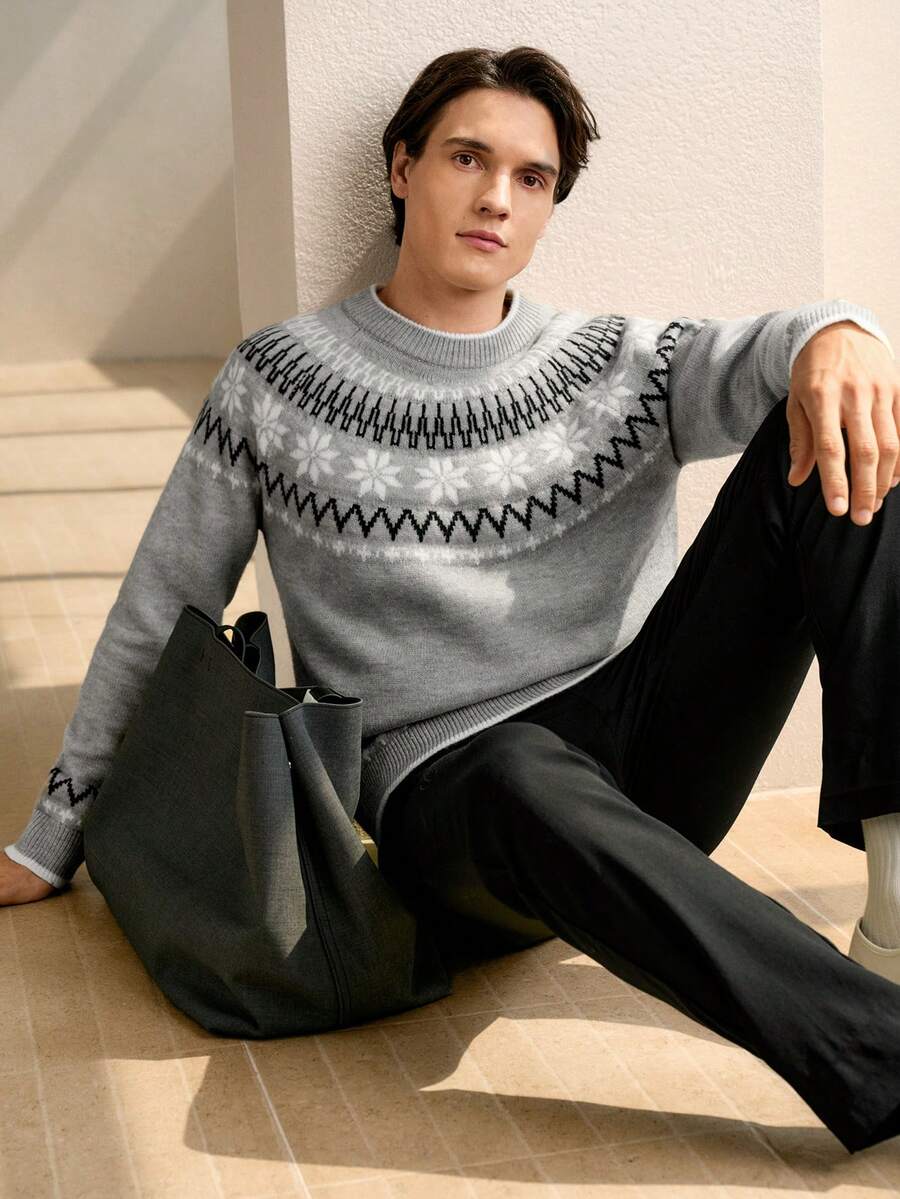 RONVEXI Men's Grey Autumn Smart Casual Fair Isle Snowflake Pattern Sweater,Retro Loose Fit Icelandic Noble Sweater For Vacation Gift For Boyfriend Husband - Multicolor - View 1