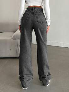 EURMUSE 100%Cotton Straight Leg Jeans Snow Wash - Grey - View 2