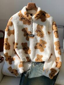 Comfortcana 女士新款卡通熊图案毛绒半拉链运动衫、冬装、长袖上衣 - 彩色 - 查看 6