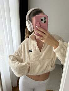 SHEIN EZwear Letnie stylizacje: damska bluza polarowa z półzamkiem, biała, z naszywką z literą, bluzki z długim rękawem na jesień/zimę