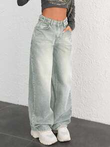 SHEIN Cottnline 100% COTTON HIGH WAIST BUTTON DETAILED WIDE LEG JEAN - Light Wash - View 4