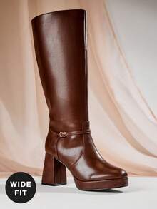 SHUZIA 女式宽筒时尚舒适粗跟及膝靴，带金属扣装饰 - 棕色 - 查看 5