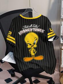 LOONEY TUNES X SHEIN Áo thun tay ngắn cổ tròn họa tiết hoạt hình sọc thường ngày cỡ lớn mùa hè - trắng - Xem 2