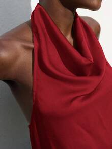 Maija Seksowny damski czerwony top z odkrytymi plecami i głębokim dekoltem, elegancki na dojazdy do pracy, do pracy, na Boże Narodzenie i Nowy Rok