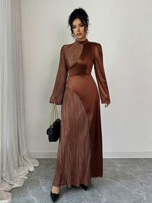 Selianne Women's Brown Round Neck A-Line Waist Pleated Fabric Patchwork Elegant Long Sleeve Dress, Suitable For 20-35+ Women For Daily, Holiday, Evening, Office Wear, Spring/Autumn