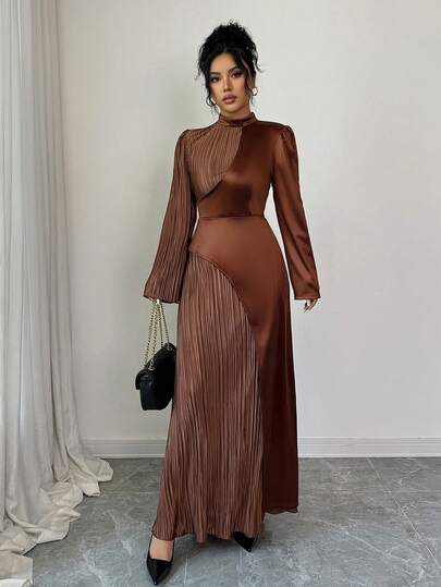 SHEIN Elenzya Women's Brown Round Neck A-Line Waist Pleated Fabric Patchwork Elegant Long Sleeve Dress, Suitable For 20-35+ Women For Daily, Holiday, Evening, Office Wear, Spring/Autumn