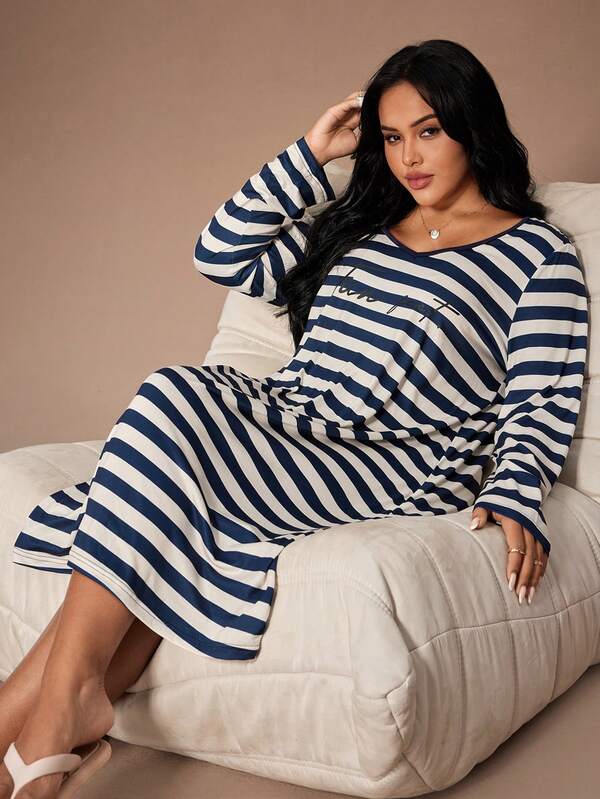 Lazeform Camisón de manga larga con cuello en V, estampado de rayas y letras, convertible de hombros, talla grande