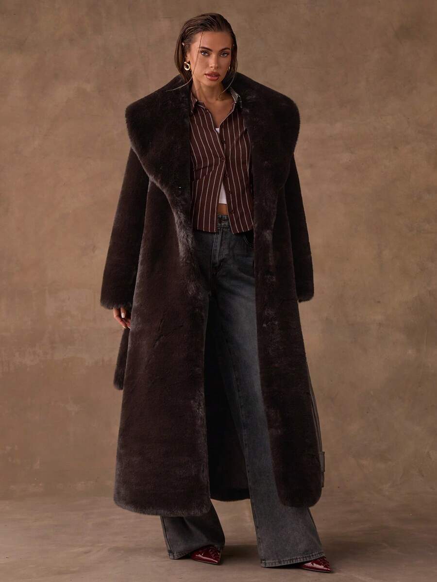 SHEIN BAE 女士时尚仿皮草饰边长款大衣，秋冬 - 黑色 - 查看 1