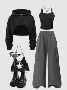 SHEIN ChillGRL 3pcs/Set Street Cool Kids Girls' Spring/Autumn American Casual Fashion Minimalist Hip Hop Style Cropped Hoodie, Midriff Exposed Sweatshirt, And Straight Leg Cargo Pants - Black - View 1