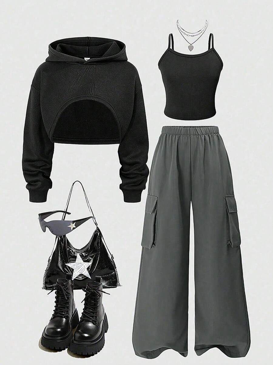 SHEIN ChillGRL 3pcs/Set Street Cool Kids Girls' Spring/Autumn American Casual Fashion Minimalist Hip Hop Style Cropped Hoodie, Midriff Exposed Sweatshirt, And Straight Leg Cargo Pants - Black - View 1
