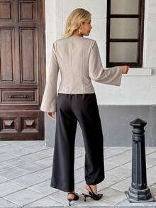 SHEIN PariChic [Exuding Utmost Elegance] Autumn New Women's Ensemble: Light Gray Deep V-Neck Waist-Tied Artistic Flared-Sleeve Top + Black Draping Slimming Wide-Leg Pants Stylish Two Pieces Set Going Out Outfit - Multicolor - View 2