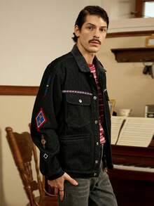 RivetRise Chaqueta de mezclilla negra de manga larga con cuello vuelto y bordado para hombre, chaqueta de mezclilla negra de otoño/invierno, chaqueta de mezclilla negra de concierto de pareja para estilo punk - Negro - Ver 1