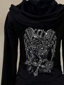 Attitoon Lässiger, vintage, punk, street Y2K Skelett Flügel Kreuz Rose Blume Englisch Buchstaben Strass Krone Muster Loose Reißverschluss Hoodie Sweatshirt für Frauen, bequem für Herbst/Winter