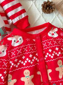新生女婴可爱针织圣诞卡通图案长袖连体衣 - 紅色 - 查看 5