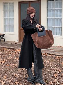 DAZY 女士休闲宽松长袖翻领长款羊毛混纺大衣，适合都市生活方式，秋冬 - 黑色 - 查看 3