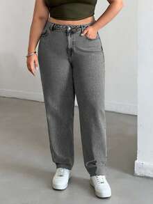 SHEIN Cottnline Plus High Waist Snow Wash Mom Fit Jeans - Grey - View 4
