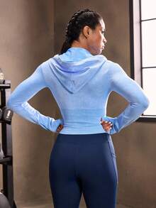 Powerista Chaqueta deportiva con capucha, ajustada y con cremallera frontal de manga larga para mujer - Azul - Ver 2