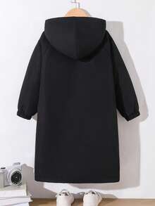 SHEIN Tween Girls' Loose Casual Minimalist Comfortable Hooded Fluffy Lined Mid-Length Jacket With Large Pockets - Black and White - View 2