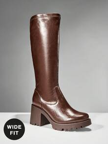 SHUZIA Giày bốt cao đến đầu gối đế dày, chất liệu co giãn thoải mái, kiểu ống rộng dành cho nữ - màu nâu - Xem 4