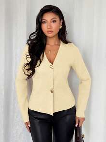 Rafferiza Women's Slim Fit Khaki Minimalist Daily Commute V-Neck Long Sleeve Asymmetrical Metal Button Cardigan - Light Yellow - View 6