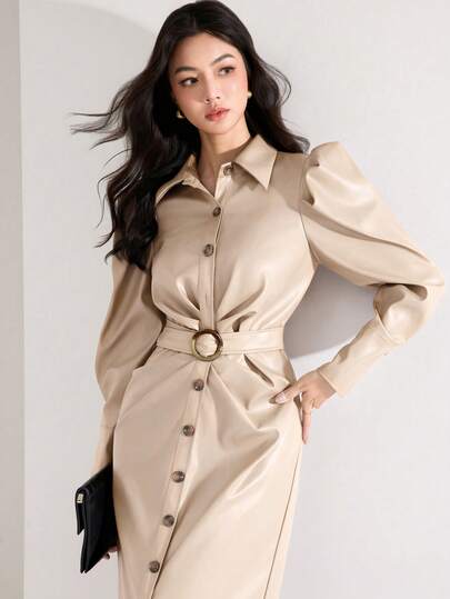 Heiryn Women's Solid Color PU Leather Front Button Down Long Sleeve Simple Casual Chic Street Long Dress, Autume&Winter