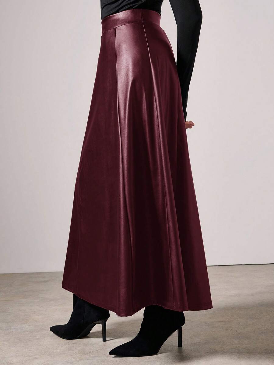 COSMINA Saia Longa de PU com Folha de Lótus de Cor Sólida e Elegante, Outono/Inverno - Vinho - Visão 1
