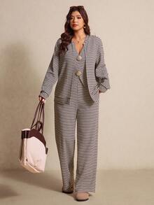 SHEIN Elaquor Bộ 2 món áo ba lỗ kẻ sọc thường ngày cho nữ cỡ lớn - Cà phê nâu - Xem 1