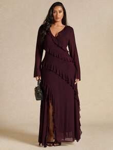 SHEIN BAE Vestido de manga larga con abertura y volantes en color morado berenjena para mujer de talla grande - Morado - Ver 3