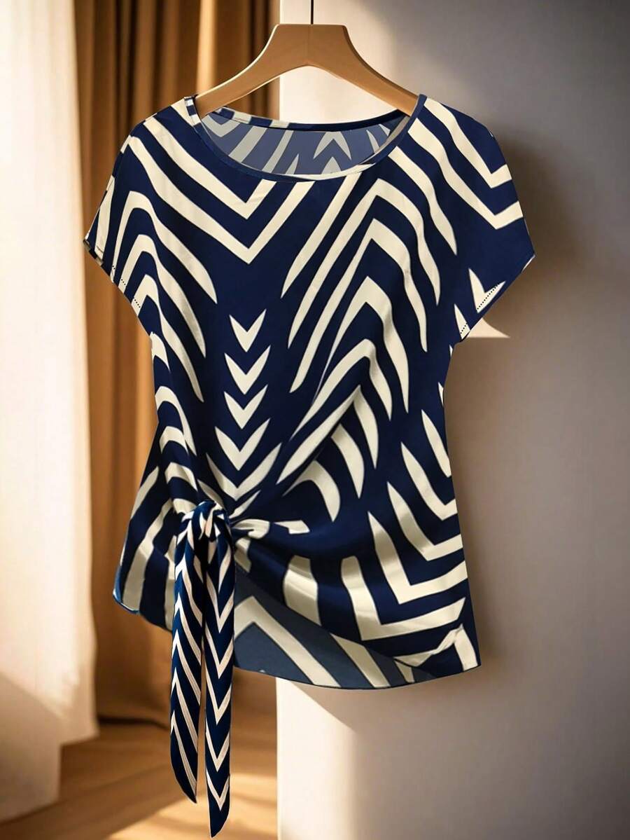 Franclia Women All-Over Print Round Neck Knot Front Casual Short Sleeve Blouse - Navy Blue - View 1