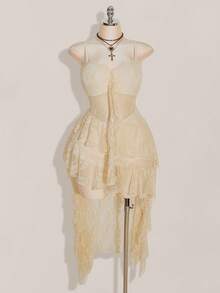 SHEIN ICON Robe nuisette à volants avec encolure en V noire, grande taille. Robe sexy à fines bretelles et ourlet à volants, style Y2K avec partie avant courte et dos long