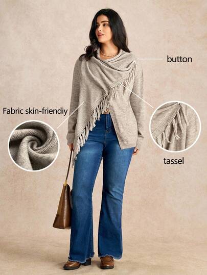 Elenzga Cárdigan de punto de manga larga con diseño de flecos, informal y elegante, suéter cómodo de talla grande