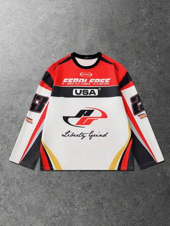 Camiseta deportiva casual de cuello redondo con estampado de letras, corte holgado para hombre