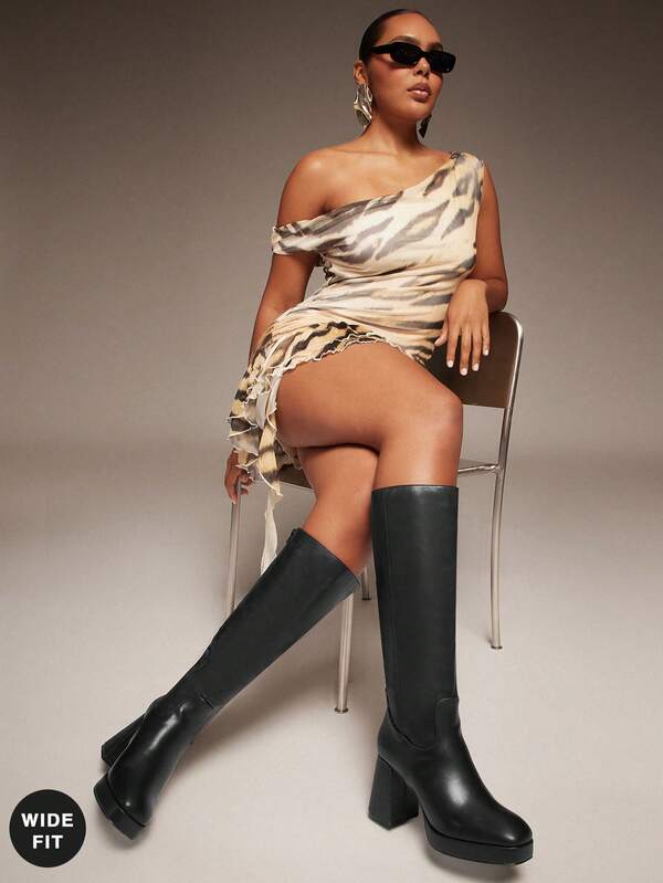 SHUZIA Women's Wide-Calf Everyday Casual Comfortable Round Toe Chunky Heel Knee-High Boots