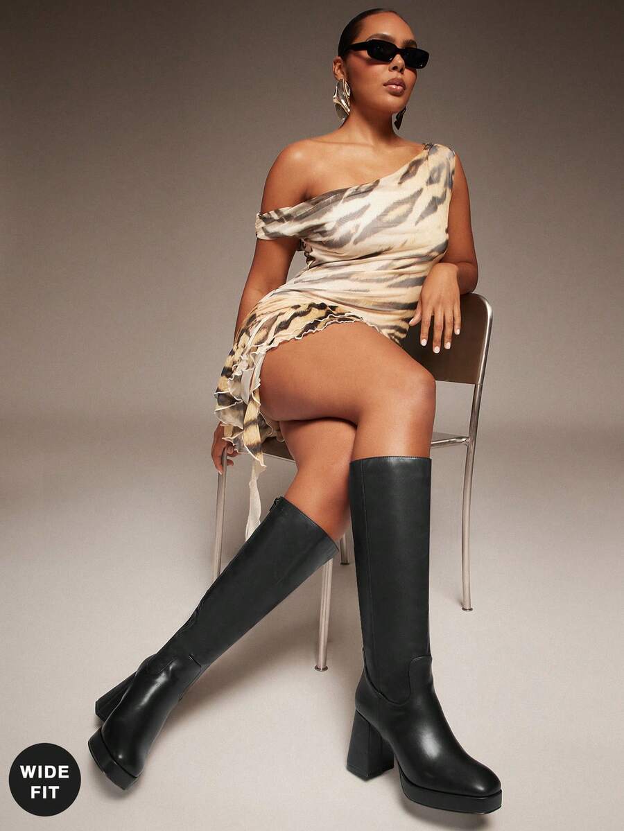 SHUZIA 女式宽筒日常休闲舒适圆头粗跟及膝靴 - 黑色 - 查看 1